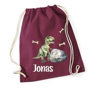 minimutz Turnbeutel Jungen Dino, Stoffbeutel Baumwolle mit Name, Rucksack Kordel zum Zuziehen, Sportbeutel Schule, Wechselwäschebeutel Kita Kindergarten T-Rex (burgund)