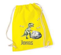 minimutz Turnbeutel Jungen Dino, Stoffbeutel Baumwolle mit Name, Rucksack Kordel zum Zuziehen, Sportbeutel Schule, Wechselwäschebeutel Kita Kindergarten T-Rex (gelb)