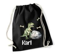 minimutz Turnbeutel Jungen Dino, Stoffbeutel Baumwolle mit Name, Rucksack Kordel zum Zuziehen, Sportbeutel Schule, Wechselwäschebeutel Kita Kindergarten T-Rex (schwarz)