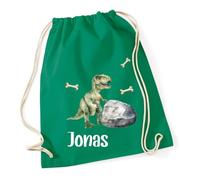 minimutz Turnbeutel Jungen Dino, Stoffbeutel Baumwolle mit Name, Rucksack Kordel zum Zuziehen, Sportbeutel Schule, Wechselwäschebeutel Kita Kindergarten T-Rex (mittelgrün)