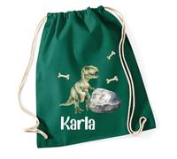 minimutz Turnbeutel Jungen Dino, Stoffbeutel Baumwolle mit Name, Rucksack Kordel zum Zuziehen, Sportbeutel Schule, Wechselwäschebeutel Kita Kindergarten T-Rex (dunkelgrün)