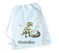 minimutz Turnbeutel Jungen Dino, Stoffbeutel Baumwolle mit Name, Rucksack Kordel zum Zuziehen, Sportbeutel Schule, Wechselwäschebeutel Kita Kindergarten T-Rex (pastellblau)