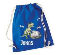minimutz Turnbeutel Jungen Dino, Stoffbeutel Baumwolle mit Name, Rucksack Kordel zum Zuziehen, Sportbeutel Schule, Wechselwäschebeutel Kita Kindergarten T-Rex (royalblau)