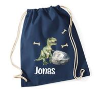 minimutz Turnbeutel Jungen Dino, Stoffbeutel Baumwolle mit Name, Rucksack Kordel zum Zuziehen, Sportbeutel Schule, Wechselwäschebeutel Kita Kindergarten T-Rex (dunkelblau)