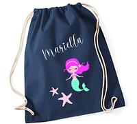 minimutz Turnbeutel Mädchen Meerjungfrau mit Seesternen und Namen bedruckt | personalisierter Stoffbeutel Baumwolle Geschenk Kinder (dunkelblau)