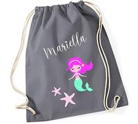 minimutz Turnbeutel Mädchen Meerjungfrau mit Seesternen und Namen bedruckt | personalisierter Stoffbeutel Baumwolle Geschenk Kinder (grau)