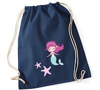 minimutz Turnbeutel Meerjungfrau für Mädchen | Stoffbeutel Baumwolle Unterwasserwelt Seestern | Sportbeutel zum Zuziehen mit Kordel 37cm x 46cm (dunkelblau)