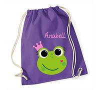 minimutz Turnbeutel mit Namen | inkl. Namensdruck | Motiv Frosch-Königin | Stoffbeutel Zuziehbeutel Rucksack Sportbeutel für Kinder Mädchen Krone (lila)