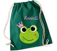 minimutz Turnbeutel mit Namen | inkl. Namensdruck | Motiv Frosch-Königin | Stoffbeutel Zuziehbeutel Rucksack Sportbeutel für Kinder Mädchen Krone (dunkelgrün)