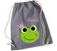 minimutz Turnbeutel mit Namen | inkl. Namensdruck | Motiv Frosch-Königin | Stoffbeutel Zuziehbeutel Rucksack Sportbeutel für Kinder Mädchen Krone (grau)