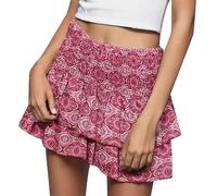 Minirock Damen Kurz Boho Rock High Waist Mini Sommerrock Volant Rock Damen Elegant Blumendruck Röcke Doppel Schicht Kuchen Rock A-Linie Moden Blumenrock Rüschen Damenrock Sommer Sexy Faltenrock