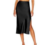 Minirock Mit Schlitz Damen-Satinrock, elastisch, hoch tailliert, einfarbig, MIDI-Rock mit Schlitz Stiftrock Schwarz (Black, M)