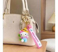 MINISO offizieller Sanrio Hello Kitty gelber Hut blaue Latzhose Schaufel Schlüsselanhänger süße 3D Silikon Anime Figur Kawaii rosa Schlüsselband Tasch