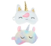 minkissy 2 Stück Plüsch Schlafmaske für Damen Atmungsaktive Augenmaske für Ungestörten Schlaf Effektiver Lichtschutz für Reisen und Zuhause Weiß mit Goldenen Hörnern und Regenbogen Design