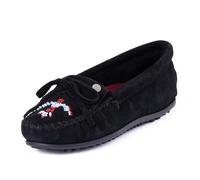 Minnetonka Damen Thunderbird "Animikii" Hardsole - Mokassins für Frauen mit klassischer Leder-Mokassin-Silhouette, gepolstertem Fußbett und Perlen-Mokassin-Design, Schwarz, 39 EU