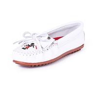 Minnetonka Damen Thunderbird "Animikii" Hardsole - Mokassins für Frauen mit klassischer Leder-Mokassin-Silhouette, gepolstertem Fußbett und Perlen-Mokassin-Design, Weiss/opulenter Garten, 9.5 Wide
