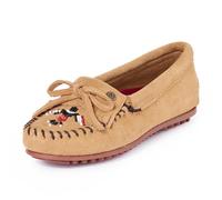 Minnetonka Damen Thunderbird "Animikii" Hardsole - Mokassins für Frauen mit klassischer Leder-Mokassin-Silhouette, gepolstertem Fußbett und Perlen-Mokassin-Design, Taupe, 41 EU