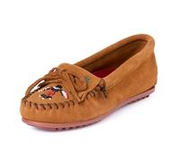 Minnetonka Damen Thunderbird "Animikii" Hardsole - Mokassins für Frauen mit klassischer Leder-Mokassin-Silhouette, gepolstertem Fußbett und Perlen-Mokassin-Design, Braun, 40 EU Weit