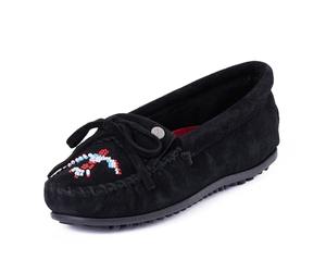 Minnetonka Damen Thunderbird "Animikii" Hardsole - Mokassins für Frauen mit klassischer Leder-Mokassin-Silhouette, gepolstertem Fußbett und Perlen-Mokassin-Design, Schwarz, 39 EU