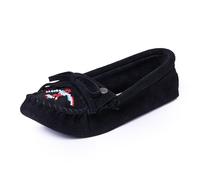 Minnetonka Damen Thunderbird "Animikii" Softsole - Mokassins mit weicher Sohle für Frauen mit klassischer Leder-Mokassin-Silhouette, gepolstertem Fußbett und Perlen-Mokassin-Design, Schwarz, 43 EU