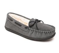 Minnetonka Women’s Camp Tie Moc - Cozy, Suede Moccasin Slippers for Women with Plush Pile Lining, Cushioned Footbed, and Durable Sole for Indoor & Outdoor Comfort, Dunkelgrau, 8 Wide