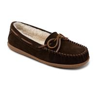 Minnetonka Women’s Camp Tie Moc - Cozy, Suede Moccasin Slippers for Women with Plush Pile Lining, Cushioned Footbed, and Durable Sole for Indoor & Outdoor Comfort, Schokolade, 40 EU
