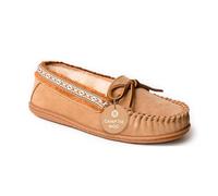 Minnetonka Women’s Camp Tie Moc - Cozy, Suede Moccasin Slippers for Women with Plush Pile Lining, Cushioned Footbed, and Durable Sole for Indoor & Outdoor Comfort, Cinnamon & Geometric Stripe, 37 EU