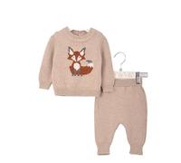 Minora Baby Strick-Set 2-Teilig: Gestreifter Strickpullover und Hose - Winter Outfit Set für Neugeborene Jungen & Mädchen, Beige-Fuchs Set, 9-12 Monate