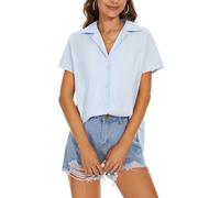 MINTLIMIT Bluse Damen mit Knöpfen V-Ausschnitt Hemd Casual Tunika Tops Kurzarm Oberteile (Himmelblau XL)