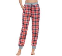 MINTLIMIT Damen Jerseyhose Lang Schlafanzughose Sporthose Sleep Hose mit Bindebändern (Karierte Pink,Größe L)