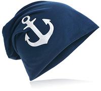 Miobo Jersey Slouch Beanie mit Anker Style, Herren Damen,Einheitsgröße,weissAnker Dunkelblau