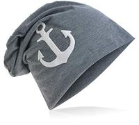 Miobo Jersey Slouch Beanie mit Anker Style, Herren Damen,Einheitsgröße,weissAnker Dunkelgrau