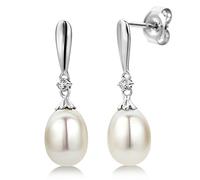 Miore Damen-Ohrringe 9 Karat - Edle Perlen Ohrringe aus 375 Weißgold mit weißer Süßwasserzuchtperle und 0,02 ct. Diamant - Hängend 7 x 22 mm