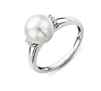 MIORE Damen Ring | Diamant Ring mit Perle | echtes 9 Karat (375) Weißgold | mit 9mm Süßwasser-Zuchtperle und 6 echten Diamanten | Brillant Verlobungsring Gold | handgemachter Schmuck