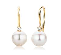 Miore - Ohrringe aus 18 Karat Gelbgold (750) mit weißen Süßwasserperlen (9 mm) und Diamanten (0.06 Ct) - Perlenohrringe hängend aus Gold im Set - Echtgold Schmuck mit premium Schmuckschachtel