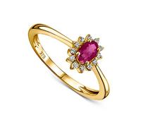 MIORE Schmuck Damen 0.07 Ct Diamant Blume Verlobungsring mit Edelstein Geburtsstein natürlicher ovaler roter Rubin umgeben von 12 Diamanten Brillanten klassischer Ring aus Gelbgold 9 Karat 375 Gold