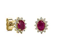 Miore Schmuck Damen 0.09 Ct Diamant Blume Ohrringe mit Edelstein Geburtsstein natürlicher ovaler roter Rubin umgeben von 24 Diamanten Brillanten klassische Ohrstecker aus Gelbgold 9 Karat (375) Gold