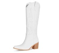 MIRAAZZURRA Cowboy Stiefel Damen Westernstiefel Spitze Zehe Stickerei Cowgirl Stiefel Block Weitschaftstiefel Kniehohe Boots Weiß EU 42