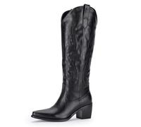 MIRAAZZURRA Cowboy Stiefel Damen Westernstiefel Spitze Zehe Stickerei Cowgirl Stiefel Block Weitschaftstiefel Kniehohe Boots Schwarz EU 36