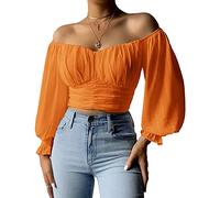 MIRACMODA Elegante Damenbluse mit Puffärmeln und Chiffon, schmale Passform, bauchfreies Top, Orange/Abendrot im Zickzackmuster (Sunset Chevron), Groß