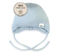 MIRARI Kids Warme Babymütze gestrickt aus 100% Merinowolle I Unisex Strickmütze mit Ohrenklappen und Bindebändern I weiche Baby Wollmütze ohne Futter (Blau, 6M (40-44))