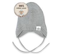 MIRARI Kids Warme gerippte Babymütze gestrickt aus 100% Merinowolle I Unisex Strickmütze mit Ohrenklappen und Bindebändern I weiche Baby Wollmütze ohne Futter I Rippenstrick (Grau, 3M (36-40))