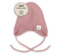 MIRARI Kids Warme gerippte Babymütze gestrickt aus 100% Merinowolle I Unisex Strickmütze mit Ohrenklappen und Bindebändern I weiche Baby Wollmütze ohne Futter I Rippenstrick (Dunkelrosa, 3M (36-40))
