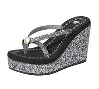 MisFox Damen Flip Flops Wedges Sandalen Sommer Strass Sequin Plateau Zehentrenner Sandaletten