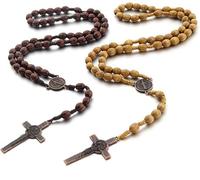 MisFun 2 Stück Holz Rosenkranz Halskette mit Kreuzanhänger, Religiöse Gebetskette für Kommunion, Taufe, Messe und Bibel