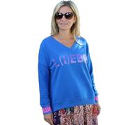 Miss Goodlife Damen Sweatshirt, V-Neck, L(I) EBE! Strass, Blue/neon pink, M