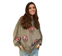 Miss Goodlife MG12965 Damen Hoodie Wide Heartface Allover Strass, Olive/neonpink, XS