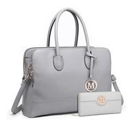 Miss Lulu Damen Aktentasche Handtasche 13 Zoll Laptoptasche Tote Bag Handtasche Schulter Kunstleder, Grau- mit Geldbörse
