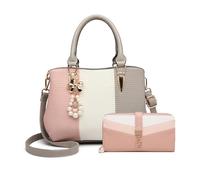 Miss Lulu Damen Handtasche Henkeltasche Mehrfarbig PU Leder mit Perle und Crystal Style Drop Alltags Mode Arbeit (Grau Geldbörse Set)