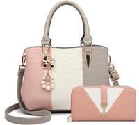 Miss Lulu Damen Handtasche Henkeltasche mehrfarbig PU Leder mit Perle und Crystal Style Drop Alltags Mode Arbeit (Grau-Portemonnaies Set)